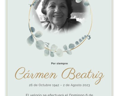 El velorio se efectuará el Domingo 6 de Agosto de 2023 de 4:00 PM a 6:00 PM en la funeraria Boyd-Panciera Family Funeral Care University Drive Chapel.