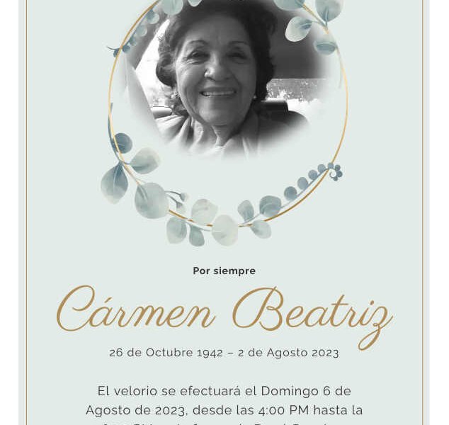 El velorio se efectuará el Domingo 6 de Agosto de 2023 de 4:00 PM a 6:00 PM en la funeraria Boyd-Panciera Family Funeral Care University Drive Chapel.