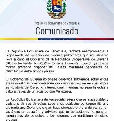 En la misiva se señala que el Gobierno de Guyana no posee derechos soberanos sobre estas áreas marítimas y en consecuencia cualquier acción en sus límites es violatoria del Derecho Internacional