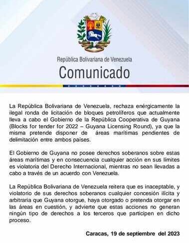 En la misiva se señala que el Gobierno de Guyana no posee derechos soberanos sobre estas áreas marítimas y en consecuencia cualquier acción en sus límites es violatoria del Derecho Internacional
