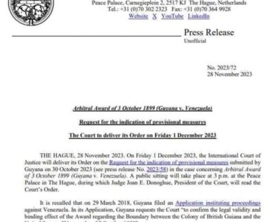 La Corte Internacional de Justicia (CIJ) emitirá este 1 de diciembre un fallo sobre las "medidas provisionales" que fueron solicitadas por Guyana con respecto al referendo consultivo sobre el Esequibo que realizará Venezuela