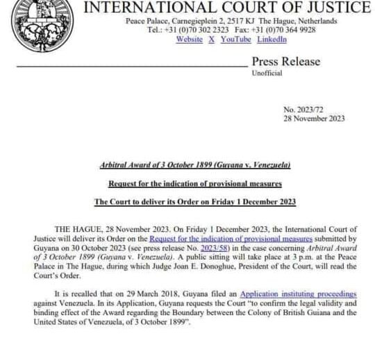 La Corte Internacional de Justicia (CIJ) emitirá este 1 de diciembre un fallo sobre las "medidas provisionales" que fueron solicitadas por Guyana con respecto al referendo consultivo sobre el Esequibo que realizará Venezuela