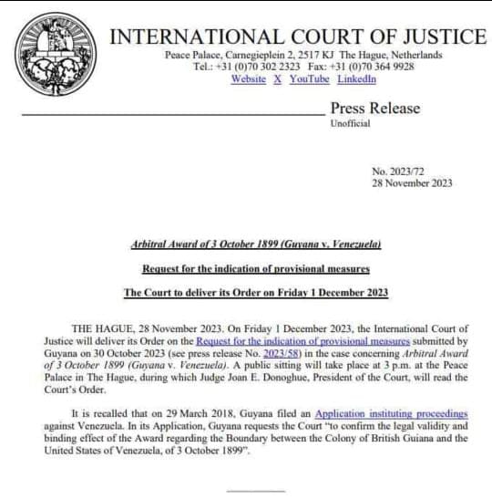 La Corte Internacional de Justicia (CIJ) emitirá este 1 de diciembre un fallo sobre las "medidas provisionales" que fueron solicitadas por Guyana con respecto al referendo consultivo sobre el Esequibo que realizará Venezuela