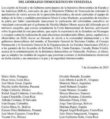 31 exmandatarios, miembros de la Iniciativa Democrática de España y las Américas alertan sobre un desbordamiento dictatorial en Venezuela.