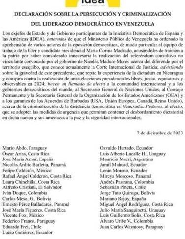 31 exmandatarios, miembros de la Iniciativa Democrática de España y las Américas alertan sobre un desbordamiento dictatorial en Venezuela.